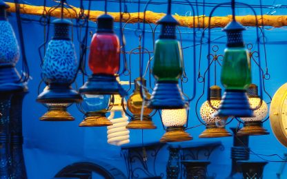 colorful-lanterns-against-blue-wall