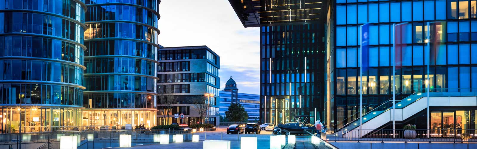 Evening view of office buildings in Dusseldorf