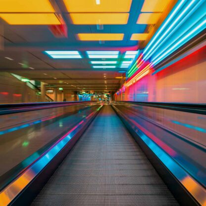 Walking escalator, bright colors, Munich airport