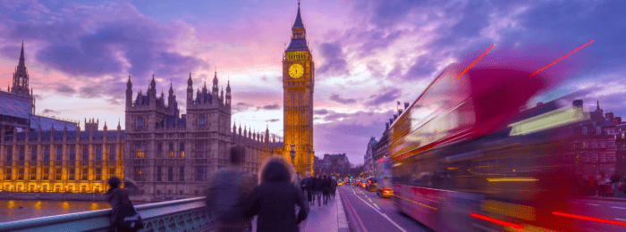 London, England - Iconic Red Double Decker Bus on the Move on We