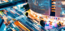 Aerial view of a busy section of Ginza, Tokyo, Japan at night