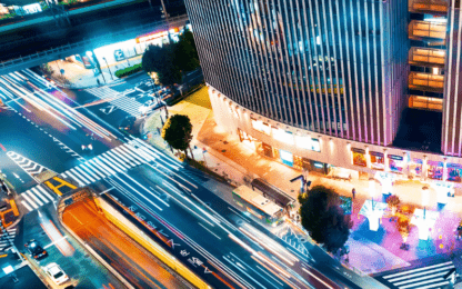 Aerial view of a busy section of Ginza, Tokyo, Japan at night