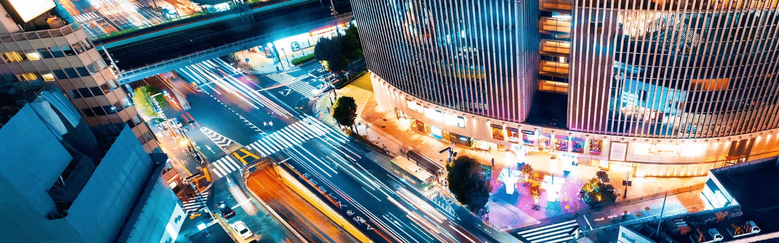 Aerial view of a busy section of Ginza, Tokyo, Japan at night