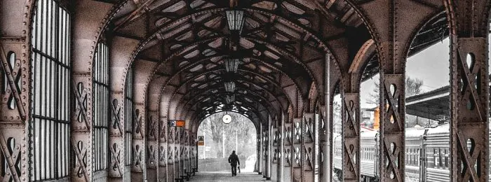 archway with clock, Vitebsky railway station, St. Petersburg,