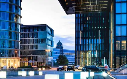 Evening view of office buildings in Dusseldorf