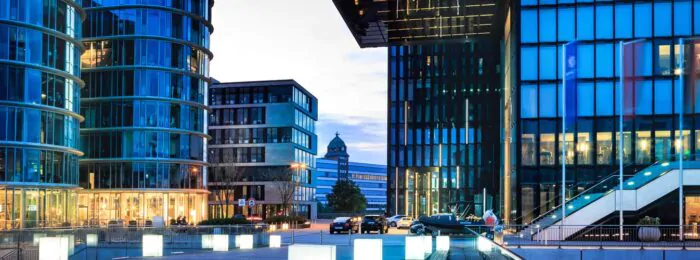 Evening view of office buildings in Dusseldorf