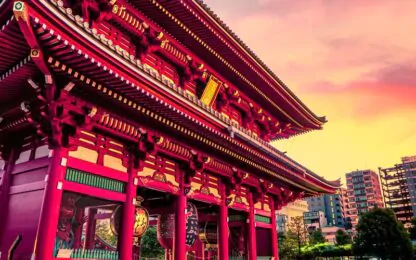 Sensoju Temple with dramatic sky and Tokyo skytree in Japan