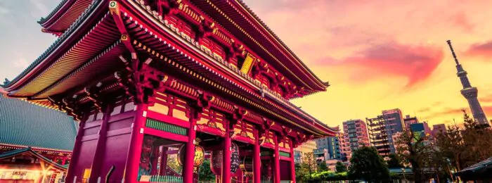 Sensoju Temple with dramatic sky and Tokyo skytree in Japan