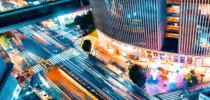 Aerial view of a busy section of Ginza, Tokyo, Japan at night