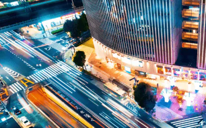 Aerial view of a busy section of Ginza, Tokyo, Japan at night