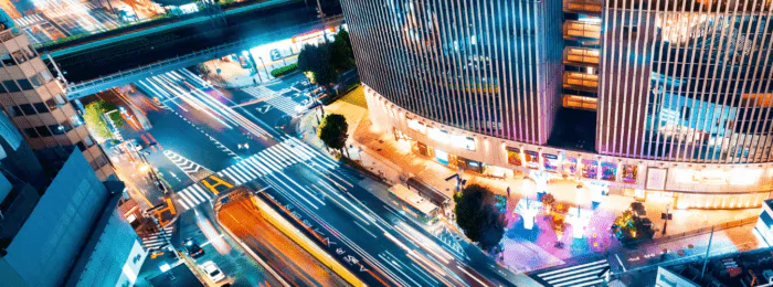 Aerial view of a busy section of Ginza, Tokyo, Japan at night